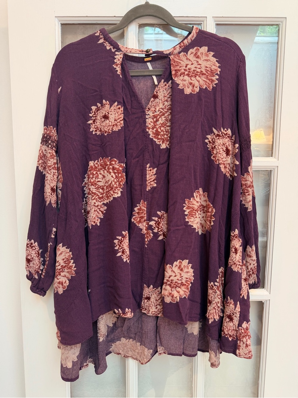 Free People Y2K Chic Purple Floral Hippie Peasant Blouse Boho Top Size Large L